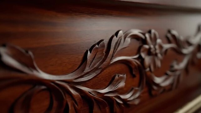 A macro perspective tracing intricate floral patterns on a wooden coffin