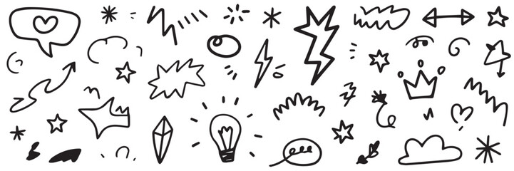 playful hand drawn sketchy vector icons pack with lightning bolts stars hearts bulbs arrows crowns and whimsical motifs