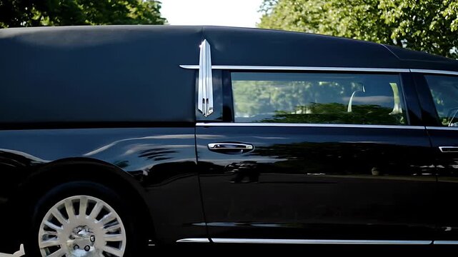 A polished black hearse driving slowly with reflections of trees and clouds