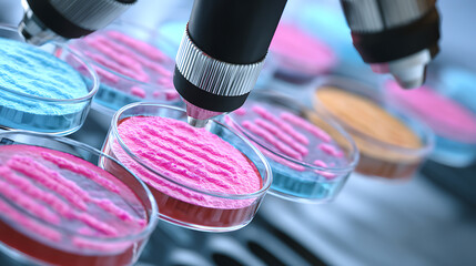 Microscopic examination of cultured samples in petri dishes with pink and blue media