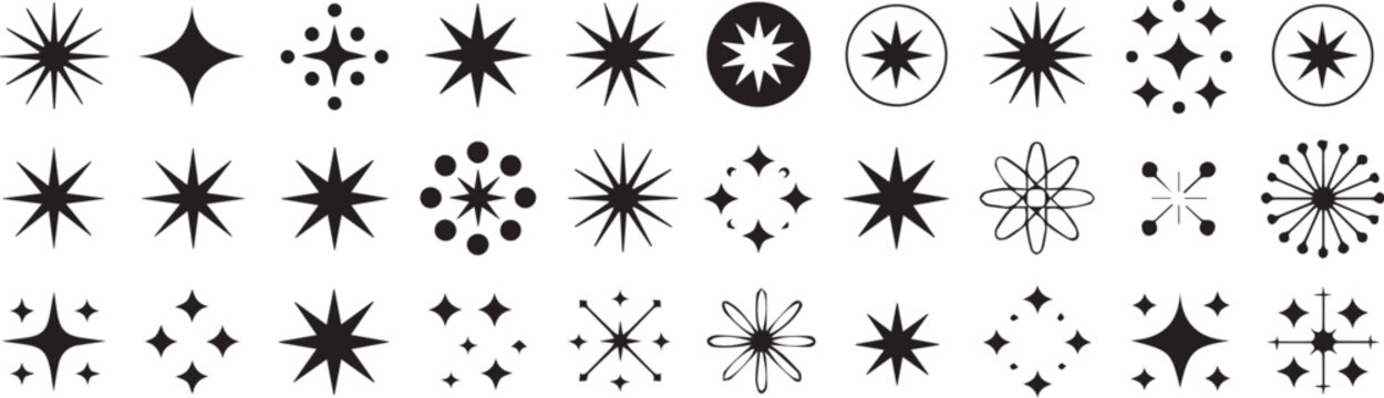 30 black white mid century modern starburst vector icons retro atomic burst decorative design elements pattern