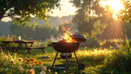 Backyard Barbecue Grill with Flickering Embers and Sunlight Flare in a Green Meadow Landscape