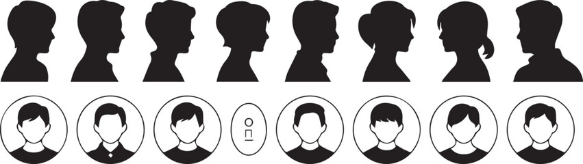 collection of human head silhouettes six side profiles six circular front portraits vector ai eps png jpeg