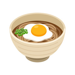 Tsukimi soba in ochre bowl - flat vector illustration, Japanese food icon