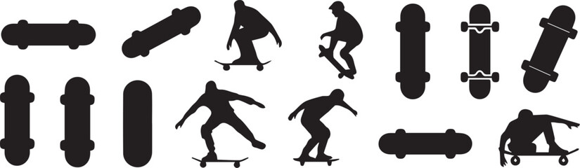 dynamic skateboarding silhouette vector set skateboards tricks ramps skatepark icons, editable ai eps jpeg png