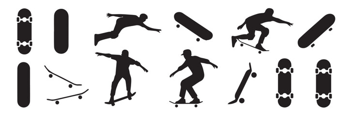 skateboard and skater silhouettes vector collection urban tricks ollie kickflip ramp icons ai eps jpeg png