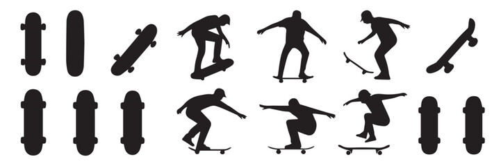 skate lifestyle vector silhouettes set skatepark ramps boards tricks balanced poses ai eps jpeg png