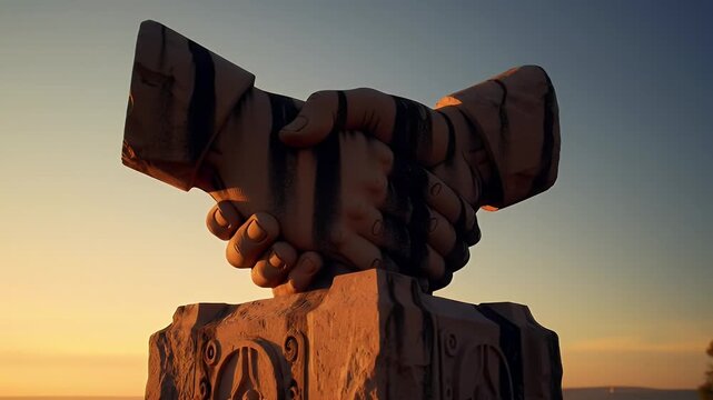 A monumental stone sculpture depicting two hands clasped in a firm handshake, symbolizing unity and partnership, set against a warm, golden sunset sky.