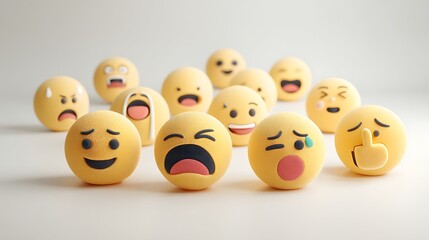 Naklejka premium Expressive emoji faces capture a spectrum of emotions from joy to sadness, perfect for communication concepts.