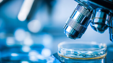 Close-up of a microscope objective lens focused on a petri dish in a laboratory setting