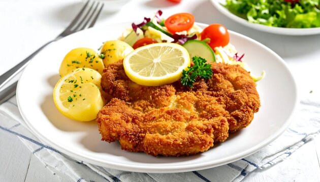 Crispy breaded cutlet with lemon and potatoes