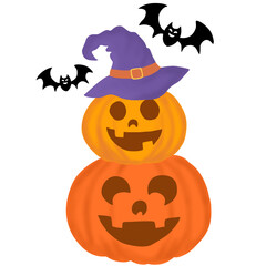 Fototapeta premium Halloween PNG Element of Stacked Pumpkins with Witch Hat and Flying Bats. PNG Halloween element showing stacked pumpkins with a witch hat and flying bat decorations.