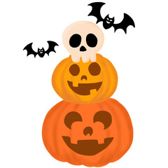 Halloween PNG Element of Stacked Pumpkins with Skull and Bats. PNG Halloween element of stacked pumpkins with skull and flying bat silhouettes.