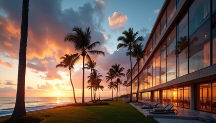 Modern beachfront hotel features glass facade and palm trees at sunset over ocean. Luxury resort offers stunning views, perfect for travel and business.