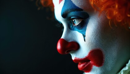 Close-up profile of a clown face. Vivid blue eyes, dramatic red nose, and stylized red lips are painted with white base. Bright colors create artistic, intriguing impact. Orange wig frames the face.