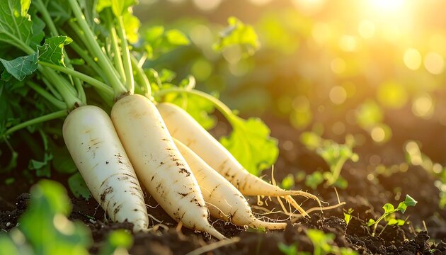 Fresh daikon radishes in field