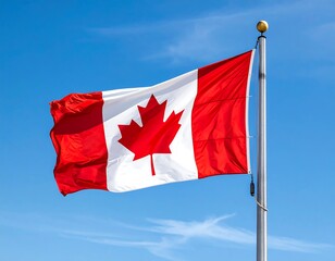 Canadian flag waving in clear blue sky