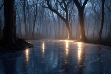 Frozen forest path bathed in ethereal light