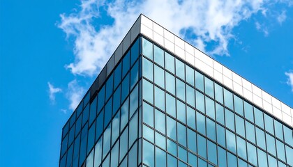 Modern office building corner against a blue sky