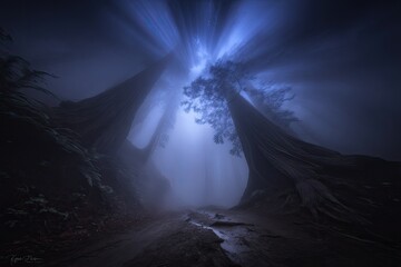 Mystical forest path bathed in ethereal blue light