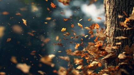 Autumnal Breeze - A flurry of leaves around a tree trunk.