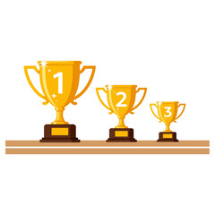 Trophies on a shelf representing first, second, and third place winners.