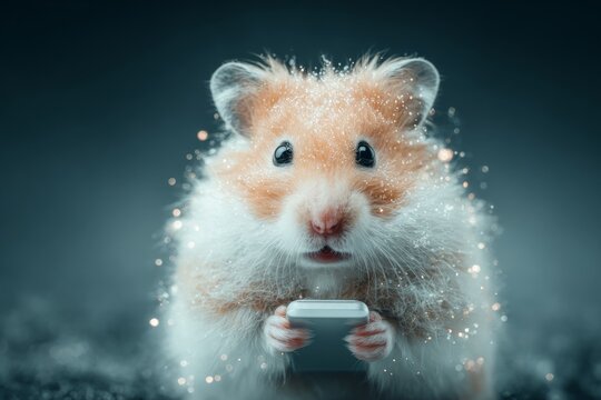 Fear strikes hamster with smartphone in paws. What is crypto. From wallets to wreckage: how crypto traps the unprepared. Tiny paws. Fearful scene. - Powered by Adobe