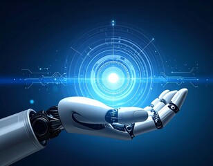 Futuristic robot hand interacting with a digital interface