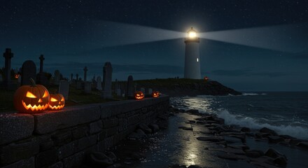 A serene night scene featuring a lighthouse illuminating the coastline, with carved pumpkins placed along a stone wall, creating a spooky Halloween atmosphere by the sea