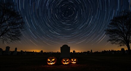 A spooky Halloween night scene featuring three carved pumpkins glowing in a graveyard, set against a starry sky with swirling stars, creating an eerie yet captivating atmosphere