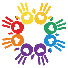 Colorful handprints arranged in a circle, symbolizing unity and love.