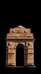 A magnificent archway structure, rendered in warm terracotta tones, stands imposingly against a stark black backdrop.