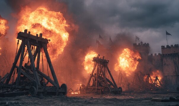 Medieval Siege Warfare - Catapults Launching Flaming Projectiles at Castle Walls.