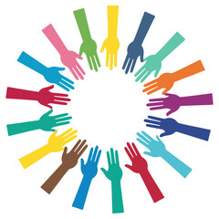 Hands of different colors forming a circle representing unity and diversity.