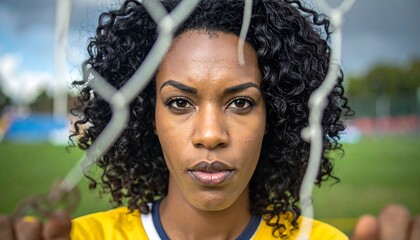Woman in soccer uniform, looking directly at camera