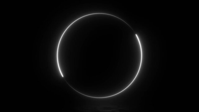 Glowing neon circle with on black background animation. A white neon circle glows in the dark. Neon frame circle loading icon animation background video. neon circle frame loading icon bckground 