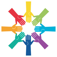 Hands of different colors forming a circle of unity.