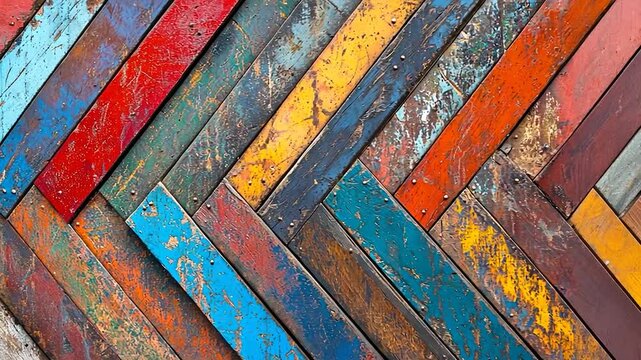 Colorful, weathered wooden planks in a herringbone pattern