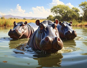 Hippos in a sunny river