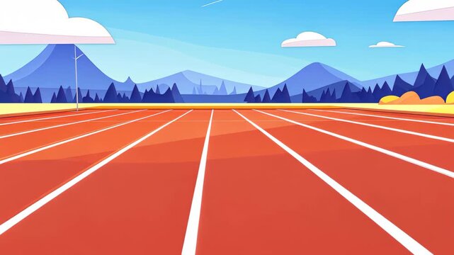 Running Track: An illustration captures an empty track, evoking a sense of anticipation and the pursuit of athletic excellence, framed by rolling hills and vibrant blue sky.