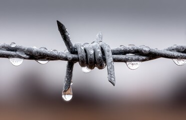 Close-up view of a section of barbed wire, glistening with raindrops, against a soft, muted background.