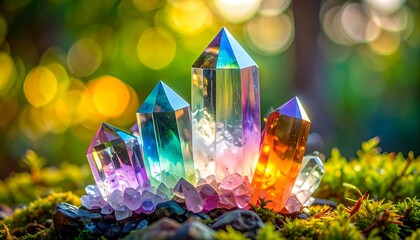 Colorful crystals cluster on mossy ground