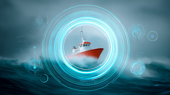 A red and white vessel navigating rough seas, framed by a futuristic digital interface with glowing circular elements.