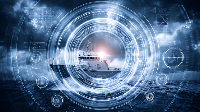A ship navigating through stormy seas with a futuristic digital interface overlay, depicting advanced maritime technology and navigation systems. - Powered by Adobe