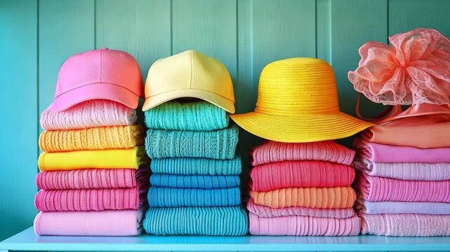 Colorful Hats and Textile Harmony: A visually appealing display of vibrant hats stacked upon neatly folded textiles. The composition evokes a sense of playful elegance.