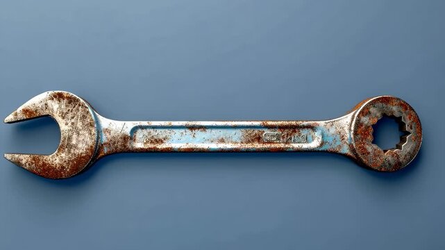 Rusty Spanner: An old, weathered spanner sits against a plain backdrop, the tool&rsquo;s textured surface and rusty patches tell a story of time, work, and industry.