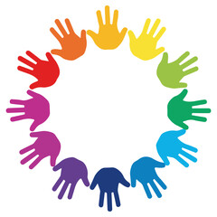 Colorful handprints arranged in a circle representing community and unity.
