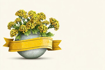 Yellow flowers in a decorative sphere with a ribbon.