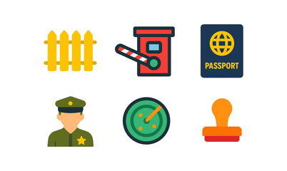 Border security icon set featuring passport, checkpoint, officer, radar, and stamp for safety and control designs