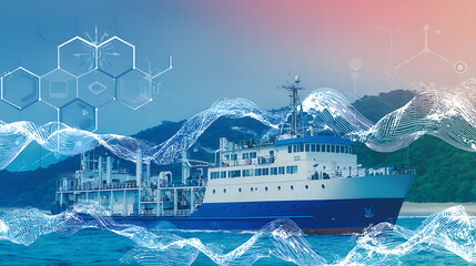 A large cargo ship sails on the ocean with digital wave patterns and molecular structures overlaying the scene, suggesting advanced maritime technology and environmental monitoring.